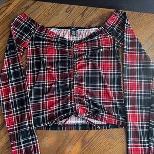 Rue21 Red and Black Plaid Cinch Long Sleeve Crop